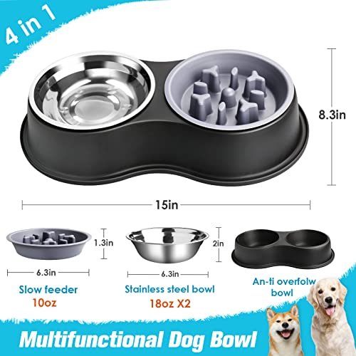Epetslove Double Dog Water and Food Bowls Raised Slow Feeder Black | Stainless Steel, Raised Feeding Station, Removable Slow Feeder, Anti-slip Base, For Puppies, Medium Dogs, Cats & Multi-pet - color: 2. Slow Feeder, size: Medium-18oz