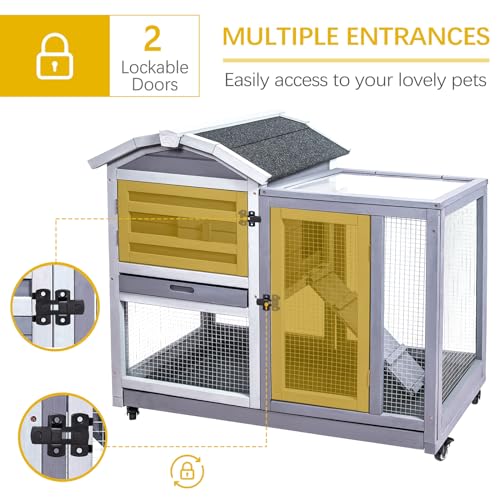 GEGURI Rabbit Hutch Indoor Rabbit Cage Outdoor, Wooden Bunny Cages for Guinea Pig with Wheels, Removable Tray, Ramp
