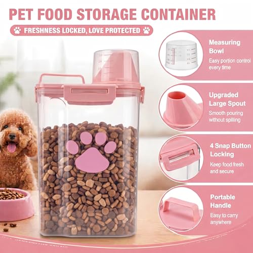 Dog Storage Container with Cleaning Brush and Measuring Cup | Airtight Portable Pet Food Containers with Upgraded Large Spout and Cup for Dogs,Cats,Birds,Small Animals(Pink) - color: 3QT-Pink