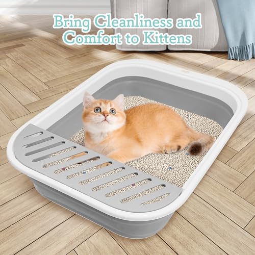Fhiny Kitten Litter Box Portable Shallow Litter Box 17.7"x13.4"x4.9" Foldable Cat Toilet with Scoop Open Kitty Potty Pan with Litter Drop Pedal Easy to Clean Travel Kitten Toilet(Gray) - color: Grey-M