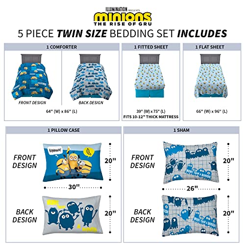 Franco Kids Bedding Super Soft Comforter and Sheet Set with Sham, 5 Piece Twin Size, Minions The Rise Of Gru - color: Minions the Rise of Gru, size: 5 Piece Twin Size