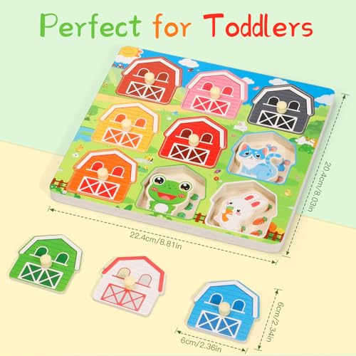 Toddler Wooden Puzzles Ages 1-3, Montessori Toys for 12+ Months Boys Girls | Birthday Gifts, Wood Farm Animal Peg Fine Motor Skills Toy Puzzles for Toddlers Age 2-4 Girls - Preschool Learning Activities