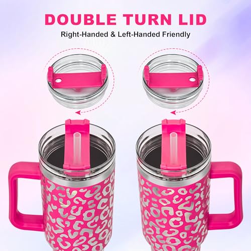 40 oz Tumbler with Handle and Straw, 100% Leak-Proof Travel Mug, Stainless Steel Double Wall Vacuum Insulated Coffee Cup Keeps Cold For 34 Hours, Dishwasher Safe, Hot Pink Leopard - color: Hot Pink Leopard