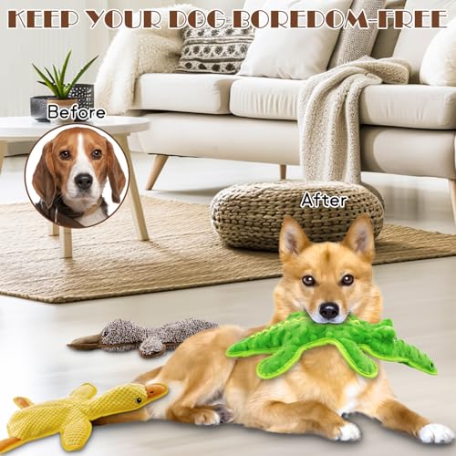 No Stuffing Dog Squeak Toys, 3 Pack Chew Toys for Small to Large Puppies | Durable Puppy Teething Toys, Interactive to Keep Pets Busy, Toss Fetch Tug Play, Best Birthday Gift - color: Yellow&Coffee&Green