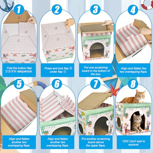 Cinrobiye Cardboard Cat House with 2 Pcs Scratching Pad，Pet Hideaway Cave Board Bed Playhouse Condo Box Decor Small Animals Scratcher Bed for Indoor Cats Kittens Rabbits Bunny - color: Blue