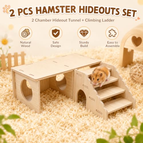 2 Pcs Hamster Hideouts, Wooden 2 Chamber Hideout Tunnel Hamster Platform with Climbing Ladder