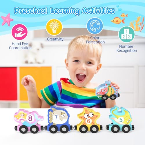 Zeoddler Toys for Toddlers, 11 Magnetic Wooden Sea Animals Train Set, Montessori Toys for Toddlers, Educational Activities for Kids, Birthday Gifts for Boys, Girls - style: Sea Animal