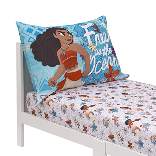 Disney Moana Free as the Ocean Aqua, Purple, Orange, and White Tropical 2 Piece Toddler Sheet Set - Fitted Bottom Sheet and Reversible Pillowcase - color: Moana - Free as the Ocean