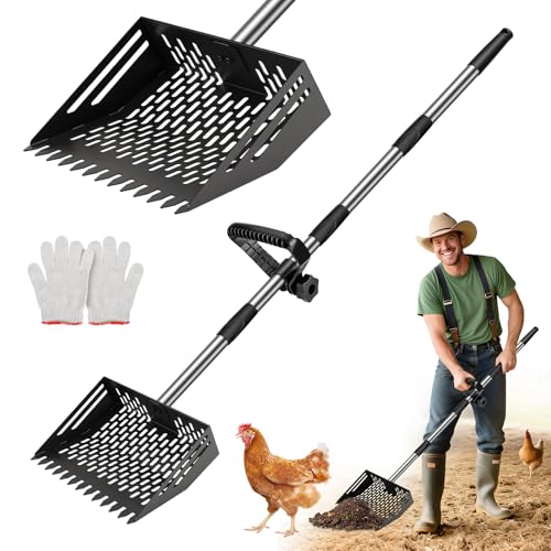 64.5 Inch Chicken Poop Scooper & Rake,for Chicken Pooper Small Farm Animal | with Adjustable Stainless Steel Handle, Ergonomic Grip, Cat Litter Scooper Sand Sifting Shovel