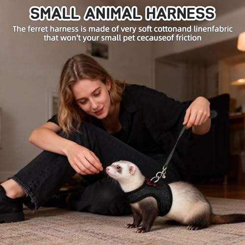 2pcs Animal Harness and Leash, Ferret Harness No Pull Mesh Black Pink,S | Soft Mesh Comfort, Bell for Outdoor Walks, Velcro Easy-On Fit, 4.4 ft Leash, for Baby Ferrets, Rats and Guinea Pigs - color: black+pink, size: Small (Pack of 2)