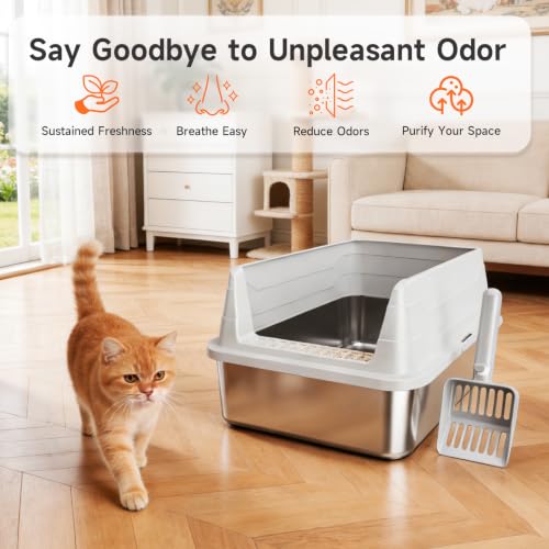 Stainless Steel Cat Litter Box for Small Cats, Odor Free Metal Litter Box | High Sides Lid Open Top Low Entry Litter Pan Easy Cleaning Kitty Cat Box Anti-Urine Leakage Non-Sticky Include Scoop - color: Light Grey S