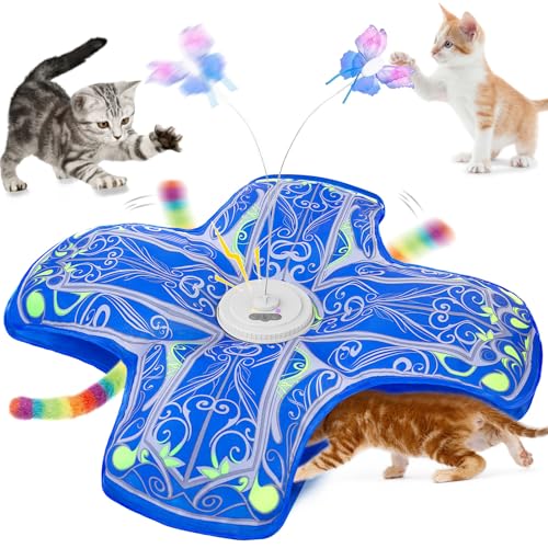 Interactive Cat Toys for Indoor Cats,Automatic Kitten Tunnel Toy | Rechargeable Touch Activated, Hide and Seek Design, Colorful Fluffy Tail & Butterfly, Cat Enrichment Toy for Bored Cats - color: Blue Cover Cloth Toy
