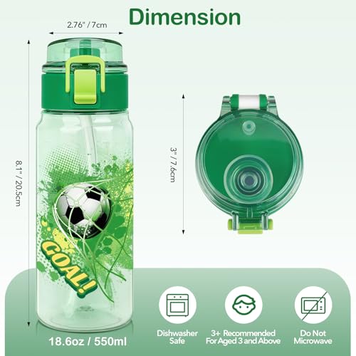 Tritan Kids Water Bottle for School, 18.6 Oz Leakproof Toddler Water Bottle | with a Pop-up Detachbale Straw, 2-in-1, Dishwasher Safe, 1-Pack, Soccer - color: Soccer