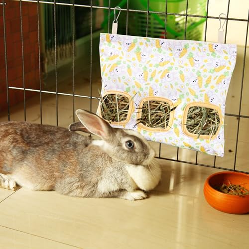 Lesnala 2 Pcs Canvas Hanging Bunny Hay Feeder Bags 3 Holes 2 Styles | Rabbit hay feeder Bag, Guinea Pig Hay Bag, Large Capacity Cotton Canvas Fabric, for Chinchillas Hamsters & Other Small Pets - color: Rabbit pattern