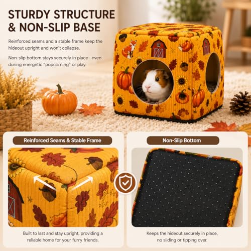 Guinea Pig Hideout House with Removable Cushion, Washable Small Animal Cube Bed, Cozy Bunny Hideaway for Guinea Pigs, Chinchillas, Hedgehogs, Hamsters & Dwarf Rabbits - color: Orange Pumpkin