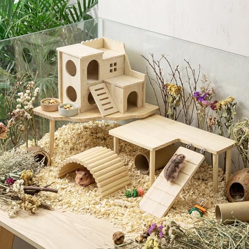 BreezeHug 4 Pcs Hamster Cage Accessories Hamster Platform Hideout Wooden Tunnel Ladder Playhouse Game Climbing Toy with Platform for Pets Dwarf Syrian Mice Degus Gerbils Squirrel(Loft) - style: Loft