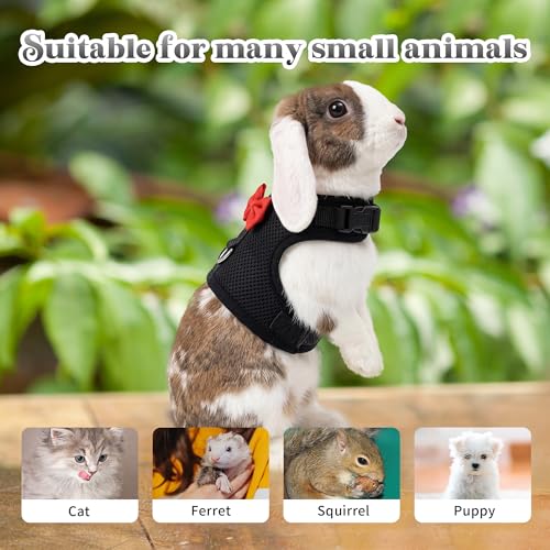Breathable Bunny Harness and Leash Set with Cute Bow, Black S | Adjustable Vest, Escape Proof, Quick-Release Buckle, for Rabbits, Kittens, Ferrets & Small Pets, Walking & Outdoor - color: Black, size: S