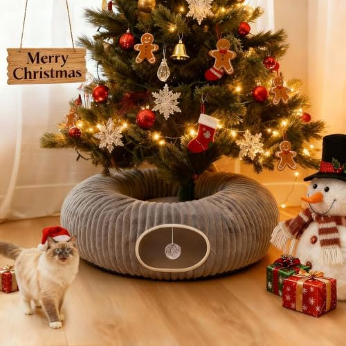 Cat Tunnel Bed for Indoor Cats, Peekaboo Cat Cave Bed,Soft Cat Donut Tunnel for Kitten Large Cats, Grey - color: Grey