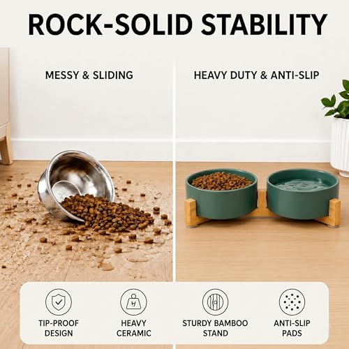 SPUNKYJUNKY Ceramic Dog and Cat Bowl with Wood Stand Non-Slip Matte Glaze Weighted Food Water Set for Cats &Small Dogs 13.5 OZ Green - color: Green × 2, size: 1.7 cups