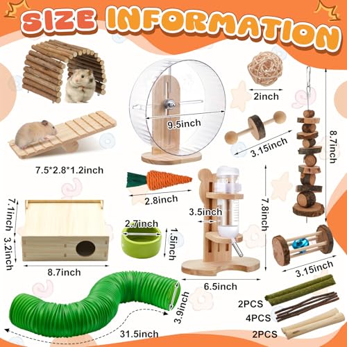 20 Pcs Hamster Toys Set, 16 Small Animal Chewing Toys, Maze Wood House, Silent Exercise Running Wheels and Water Bottle Set Feeding Bowl for Hamster Habitat Rat Cage Accessories(Green) - color: Green