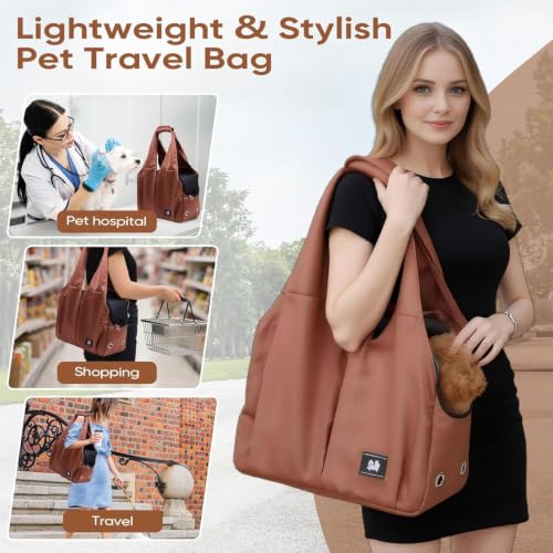 Dog Purse Carrier for Small Dogs, Cats, and Puppies – Soft-Sided Travel Pet Tote Bag with 4 Large Pockets, Foldable, Lightweight, Fits Pets up to 15 lbs, for Travel, Outings (Brown) - color: Brown