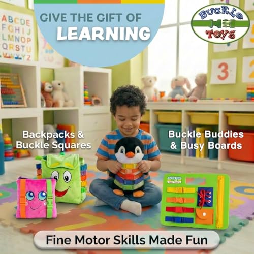 Buckle Toy, Blizzard Penguin Stuffed Animal, Counting and Color Recognition | Montessori Learning Activity Toy, Develop Motor Skills and Problem Solving, Kids Airplane Travel Accessories