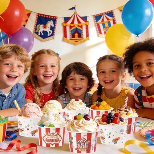 120Pcs 12oz Carnival Theme Ice Cream Cups for Hot or Cold Food | Circus Dessert Bowls Disposable Red White Large Snack Cups for Carnival Birthday Baby Shower Party Supplies - style: Carnival Dessert Cup