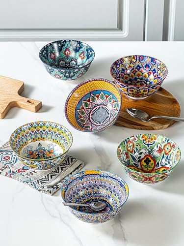 HENXFEN LEAD Boho Ceramic Cereal & Soup Bowls Set of 6, 24 oz | Assorted Patterns, Ideal for Oatmeal, Pasta, Salad, Rice, Fruit & Everyday Meals, Microwave & Dishwasher Safe - size: 24 Oz