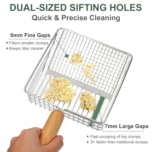XBX Cat Litter Scoop with Holder, Heavy Duty Litter Sifter, Stainless Steel Litter Shovel, Litter Scooper with Beech Wood Grip and Washable Stand, Perfect for Cat Litter Box Cleaning