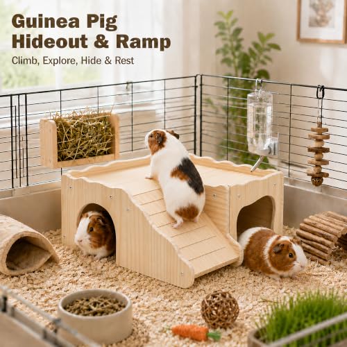 Large Bunny Hideout Wooden Bunny House with Ramp Rabbit Castle(Slide Style) | solid wood guinea pig hideout chinchilla house with detachable panels,rabbit hide with ramp hideaways and climbing areas - style: Slide style
