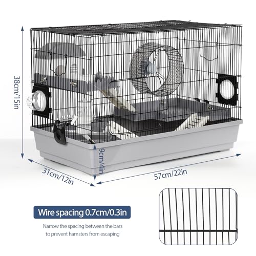 Large Hamster Cage Starter Kit 22x12x15in for Syrian Hamster Dwarf Hamster | with Large Silent Wheel, Large Bathtub, Hide-House, 2 Platforms, 3 Ladders, Water Bottle, Food Bowl, 2 Tube Ports, 2 Handles