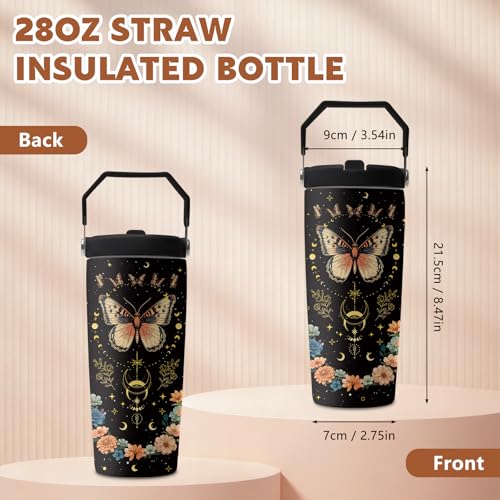 Butterfly 28 oz Tumbler, with Handle Lid Straw, Stainless Steel Cup | 28oz Insulated Tumbler, Travel Leak Proof Water Bottle, Thanksgiving Christmas Birthday Gift for Animal Moon Butterfly Lovers - color: Black