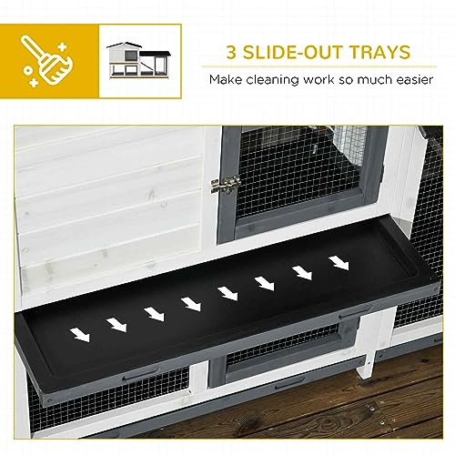 PawHut 62" Rabbit Hutch with Run Area for Rabbits, Chickens, White | Wooden Bunny Hutch, Guinea Pig Cage, Small Animal Enclosure, Removable Tray, Asphalt Roof, Lockable Doors, Ramp for Ducks - color: White