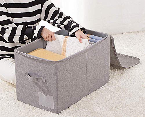 2pcs 60L Large Folding Fabric Blanket Storage Organizer Boxes with Zip Lid | 22"X13"X12.6", label pocket, folding, dustproof, save space, stackable, high-density plastic board,rigid storage bins - color: Dark Gray
