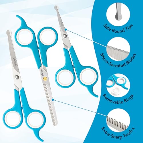 3 Pc Dog Grooming Scissors Kit - 7" Scissor For Body Hair Trimming, 6" Small Micro-serrated Scissor For Face, Ear, & Paws, Thinning Shears For Dogs - Professional Dog Grooming Kit For Cat & Pet - size: 3 Pack