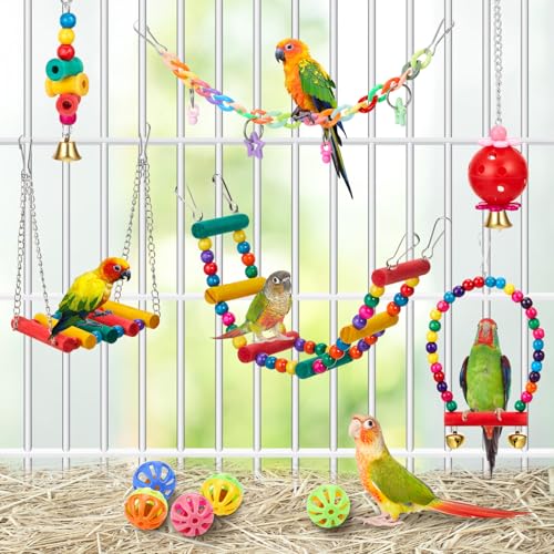 12 Pcs Parakeet Cockatiel Bird Toys,Basic Style | Parrot Swing Chewing Hanging Toys, Colorful Parrots Cage Accessories, Chew & Climb Play Set, for Lovebirds, Finches, Budgies - size: 6.49 x 4.13 x 10.43 inches