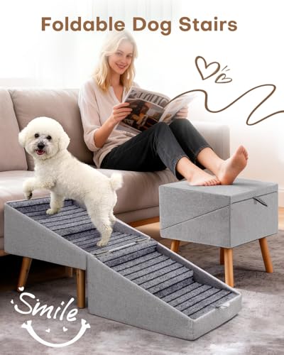17.13" H Split Ottoman Dog Stairs for Couch and Bed, Dog Ramp for Small Dogs and Cats, Foldable 2 in 1 Pet Steps for Medium Large Dogs and Puppy, Non-Slip Wooden Doggie Steps - size: 17.13" H- Light Grey