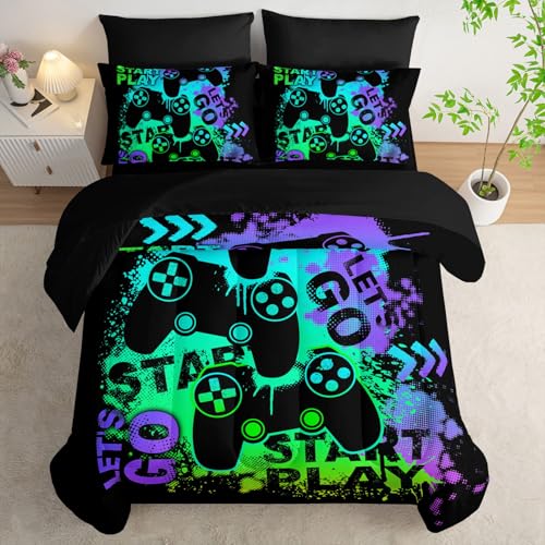 7Pcs Gamer Comforter Set Green Gamepad Printed Bedding Set with 1 Comforter, 1 Flat Sheet, 1 Fitted Sheet and 4 Pillowcases for Boys and Girls Bedroom (Gamepad-2 Twin - color: Gamepad-2, size: Twin 68x86inches