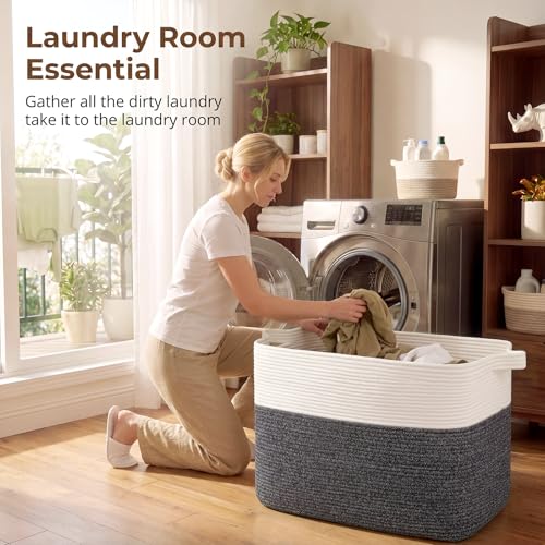 OIASKET 108L Cotton Rope Storage Basket for Living Room and Bedroom 25"x16"x16" Woven Laundry Basket, Heavy Duty Bin for Blankets, Pillows & Toys, Pet-Safe & Scratch-Free, Dark Grey and White - color: Dark Grey & White