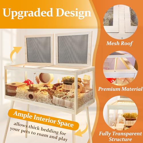 PROLEE Hamster Cage Chewproof, Mice and Rat Habitat with Transparent Sides, Hamster Cage with Openable Mesh Top, Solid Built with Lock Design and Leg Stand, 48" inch - size: 48.0"L x 20.0"W x 47.5"H