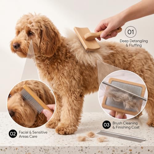 Wooden Long Pin Slicker Brush for Dog, Poodles & Doodles Long Hair | Grooming, Fluff & Detangle Heavy Dense Wavy Curly Coats to Easily Prevent Severe Hair Matting During Shedding Seasons - color: Wood