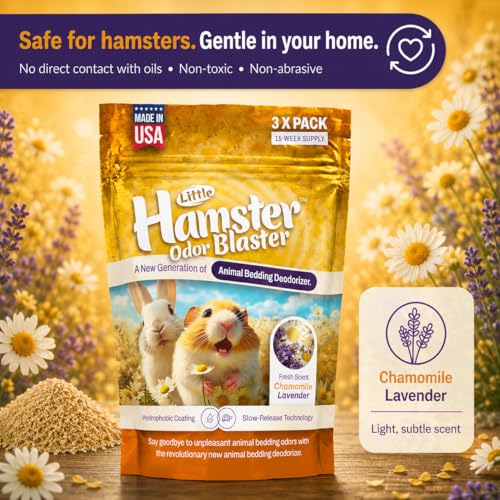 Hamster Odor Blaster | a New Generation Of Animal Bedding Deodorizer | Unique Slow Release Formula | Natural Fresh Scent - Lavender & Chamomile | Up to 15 Weeks Supply | 3 x 0.5oz bags