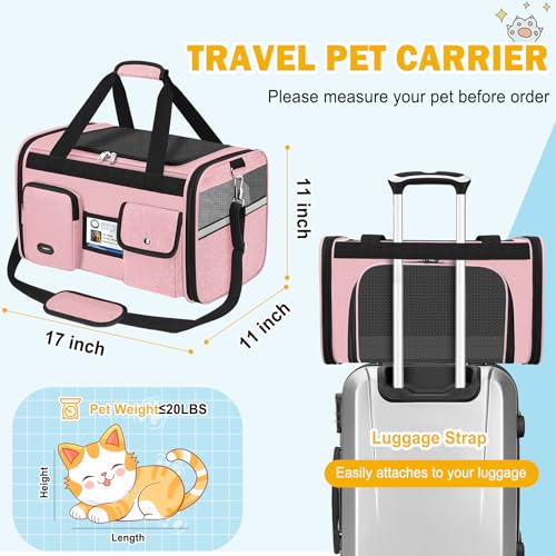 HUANLANG Large Cat Carrier Soft Sided Travel Pet Carrier Airline Approved | Dog Carriers for Small Dogs Medium Cats,Collapsible,3 Storage,zipper lock,Reflective strips,Luggage Strap, Up to 15 L,Pinkbs - color: Pink
