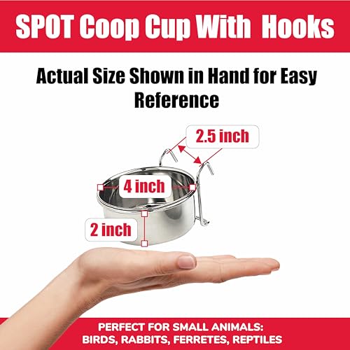 SPOT Stainless Steel Mini Coop Cup with Wire Hooks – 10 oz Small Pet Food & Water Bowl, Rust-Resistant & Easy to Clean, Attaches to Cages for Birds, Parrots, Rabbits, Ferrets, Rats & Small Pets