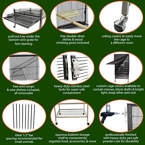 Congo Cage & Starter Package for Sugar Gliders - Includes Durable Cage, Exercise Wheel, Healthy Food Assortment, Water Bottle, Food Dishes & Nest Pouch