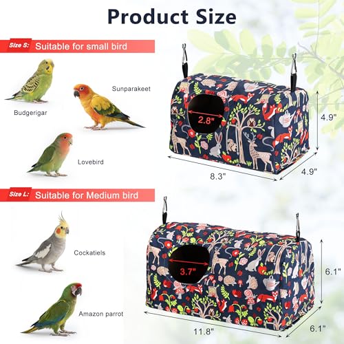 Bird Nest House Cage Hanging Hammock Shed Hut Hideaway Small Size | Snuggle Bird Cage Hanging Nest Tent Forest Animals Pattern Hideaway Bird Hut for Parakeet Cockatiel Conure Finches Love Birds - style: S