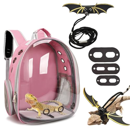kathson Bearded Dragon Carrier with Harness and Leash Set, Large Reptile Travel Carrier Portable Lizard Backpack Clear Small Animals Carrying Bag for Gecko Hamster Rabbit Hedgehog Kitten (Pink) - color: Pink