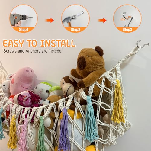 Bohemian Stuffed Animal Hammock, 51" Large Toy Storage Net for Plush Toys, Kids Room & Nursery Wall Hanging Organizer, Macrame Corner Storage, Baby Girl Room Decor Gift.