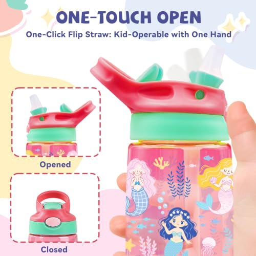 Kids Plastic Water Bottle - Mermaid Water Bottles for Kids, 14oz Plastic Water Bottles with Straw Lid, Leakproof BPA-Free Mermaid Water Bottle for Home Sports Travel, Pop-Up Straw Cover, Pink - color: Mermaid