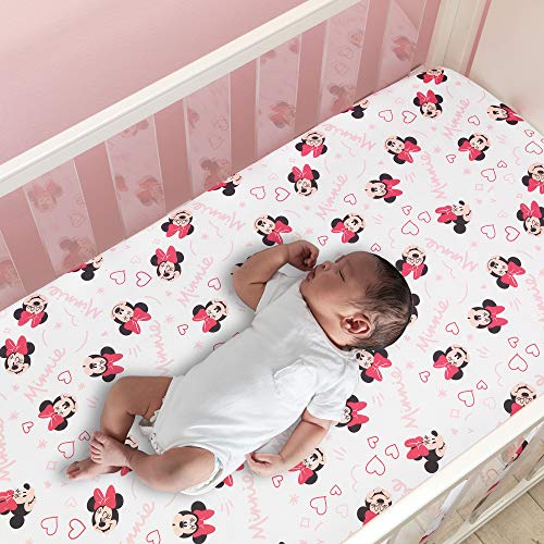 Lambs & Ivy Disney Baby Minnie Mouse Love Pink Heart Fitted Crib Sheet | Fits Standard Size Crib Measuring 52" x 28", Elastic All-Around, White Microfiber - color: Minnie Mouse Love, size: Standard Crib